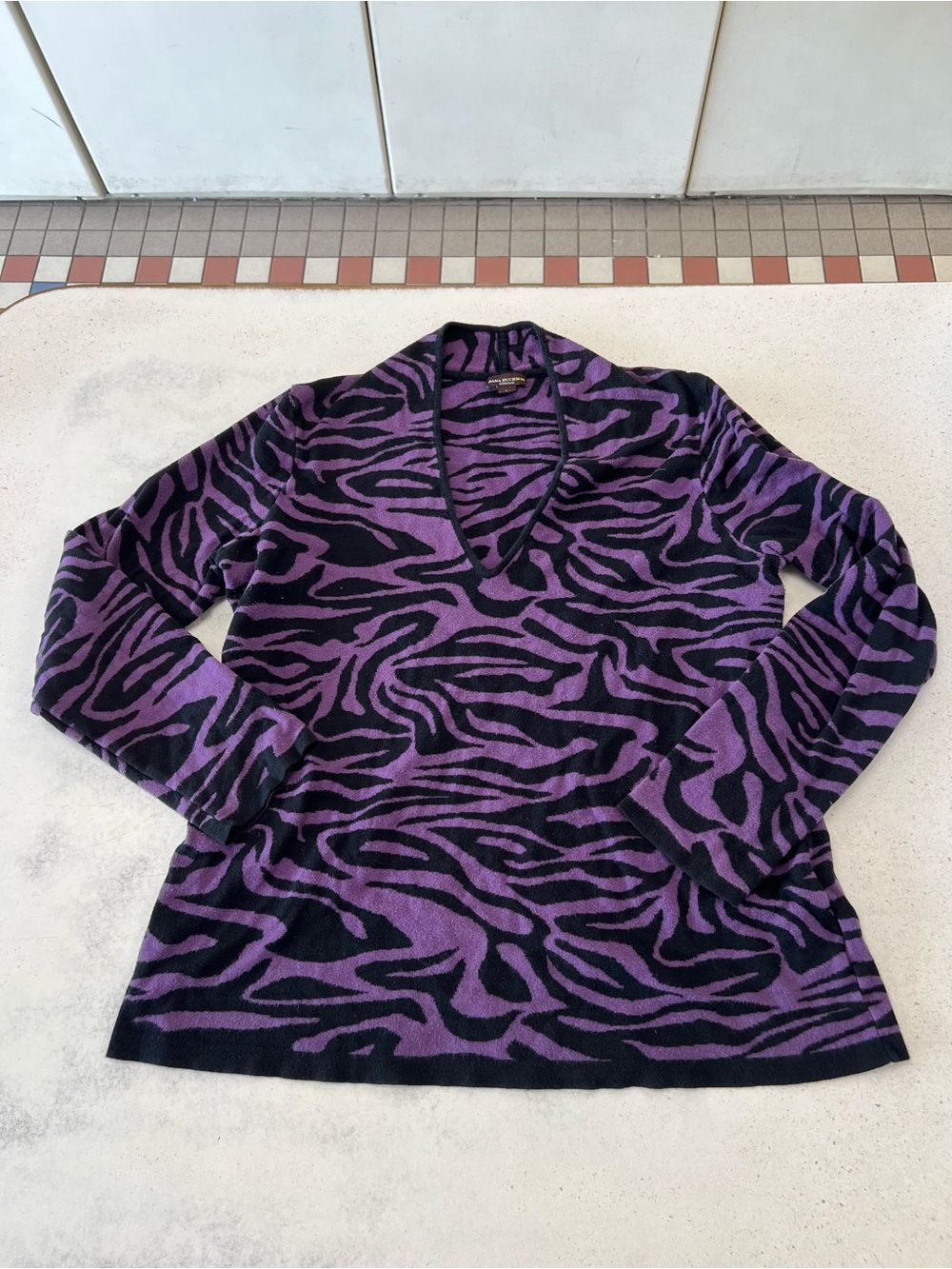 Dana Buchman Purple and Black Zebra-Print V-Neck Sweater